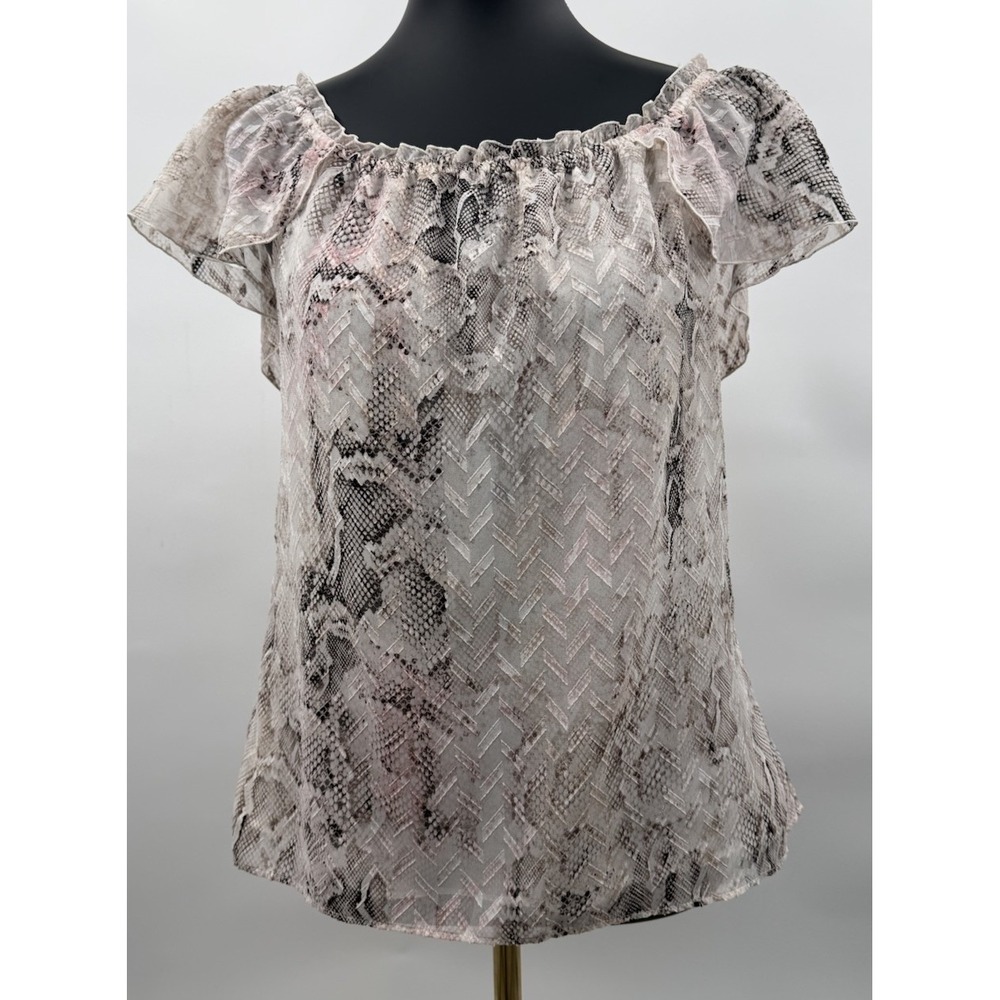 White House Black Market Blush White Peasant Blouse Animal Print Size Small - Picture 2 of 6